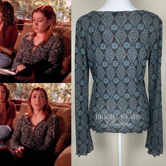 Rare Vintage Semi Sheer Print Top ASO Willow Rosenberg BtVS Y2K Boho Buffy - Picture 2 of 9